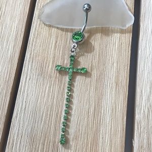 LONG DANGLE GEM CROSS BELLY BUTTON RING GREEN 14G